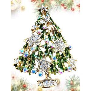 Christmas Tree Brooch Pin New Aurora Borealis Rhinestones Stars Northern…
